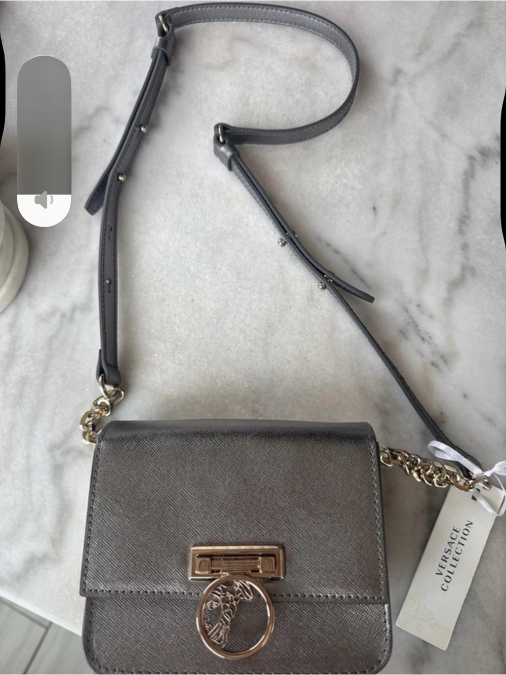 Versace Collection Metallic Gray Crossbody with Gold Ring Detail